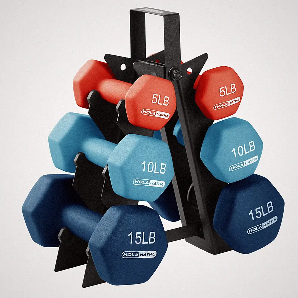 HolaHatha 5, 10, and 15 Pound Neoprene Dumbbell Weight Set with Storage Rack