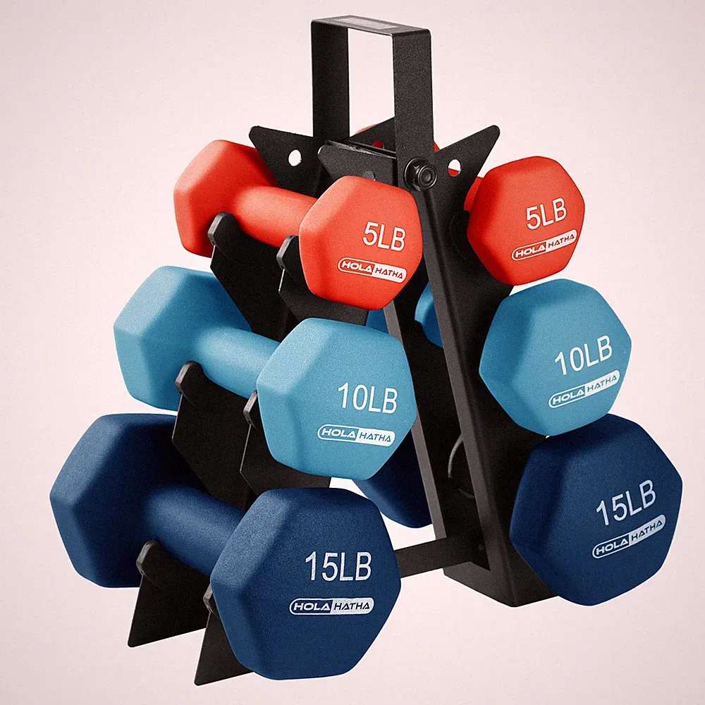 HolaHatha 5, 10, and 15 Pound Neoprene Dumbbell Weight Set with Storage Rack