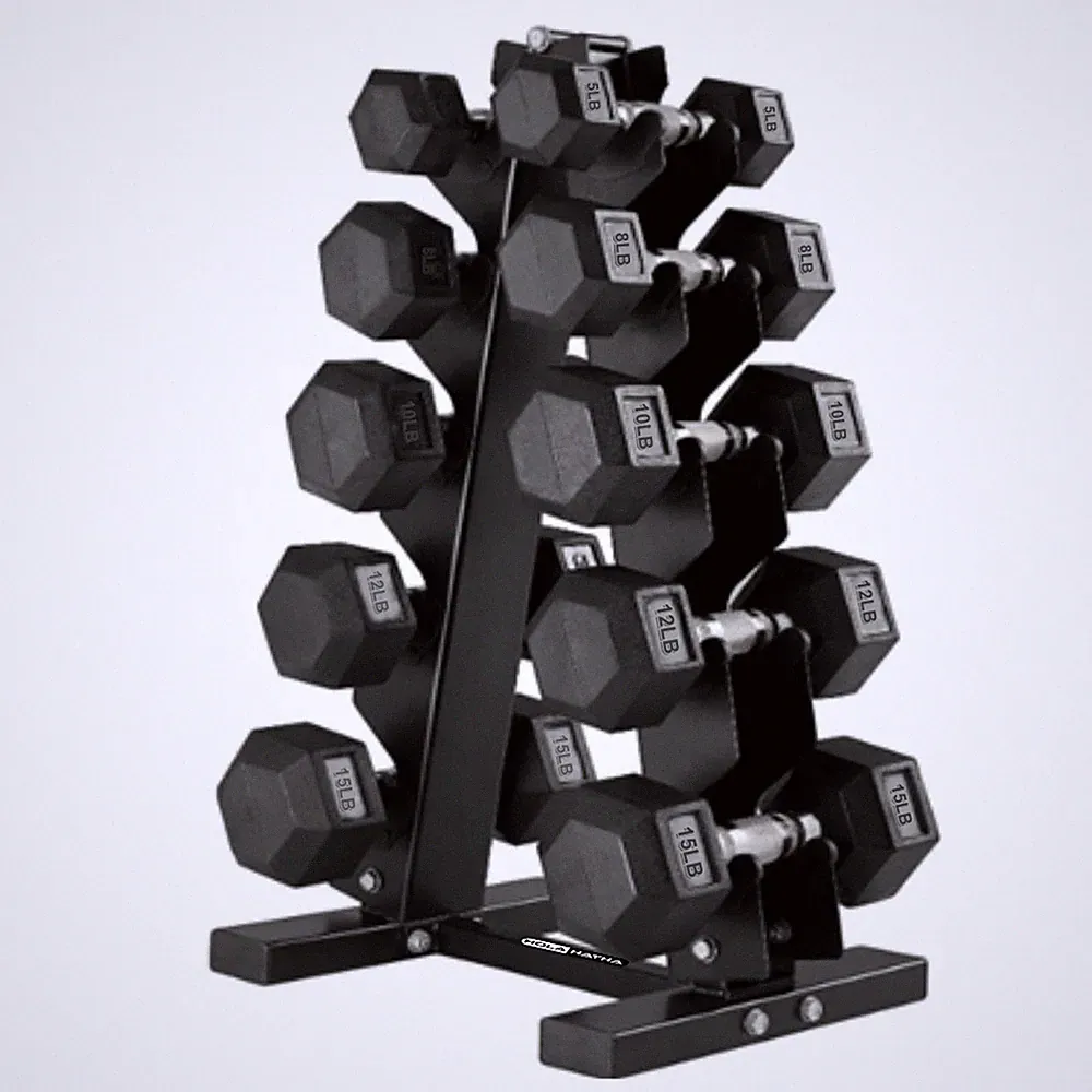 HolaHatha 5, 8, 10, 12 & 15 lb Hexagonal Dumbbell Weight Set with Rack, Black