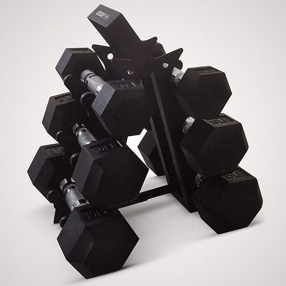 HolaHatha Hexagonal Dumbbell Free Hand Weight Set w/Rack, 5, 10, & 15 Lbs, Black