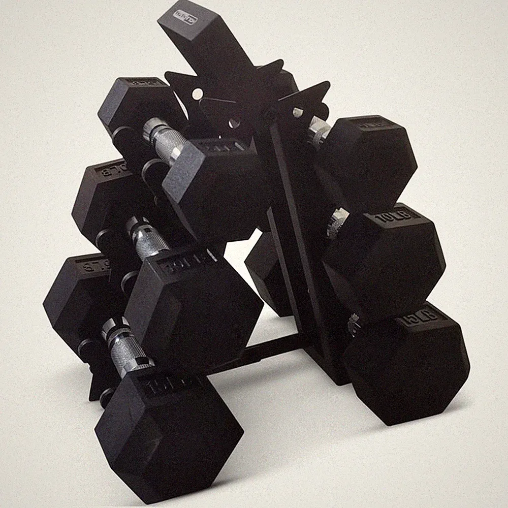 HolaHatha Hexagonal Dumbbell Free Hand Weight Set w/Rack, 5, 10, & 15 Lbs, Black