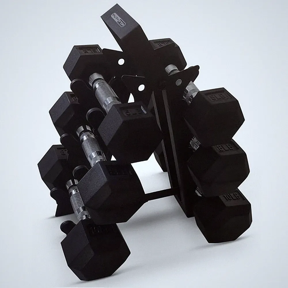 HolaHatha Hexagonal Dumbbell Free Hand Weight Set w/ Rack, 5, 8, & 10 Lbs, Black