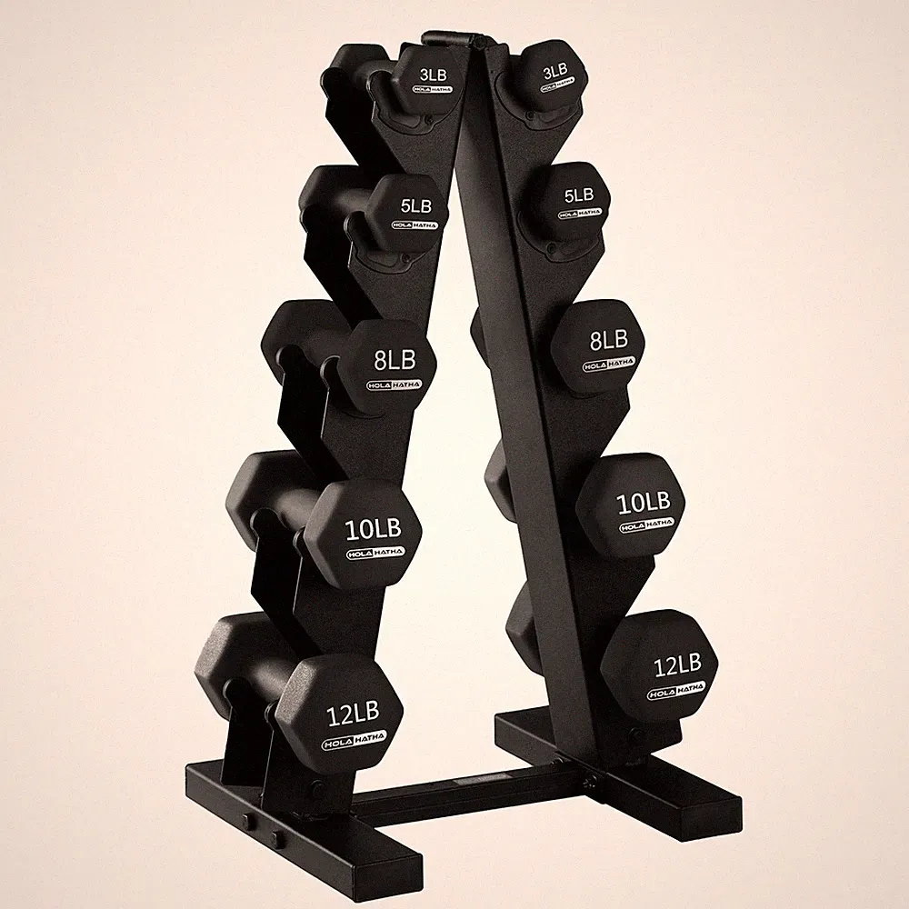 HolaHatha Neoprene Coated Dumbbell Free Hand Weight Set with Storage Rack, Black