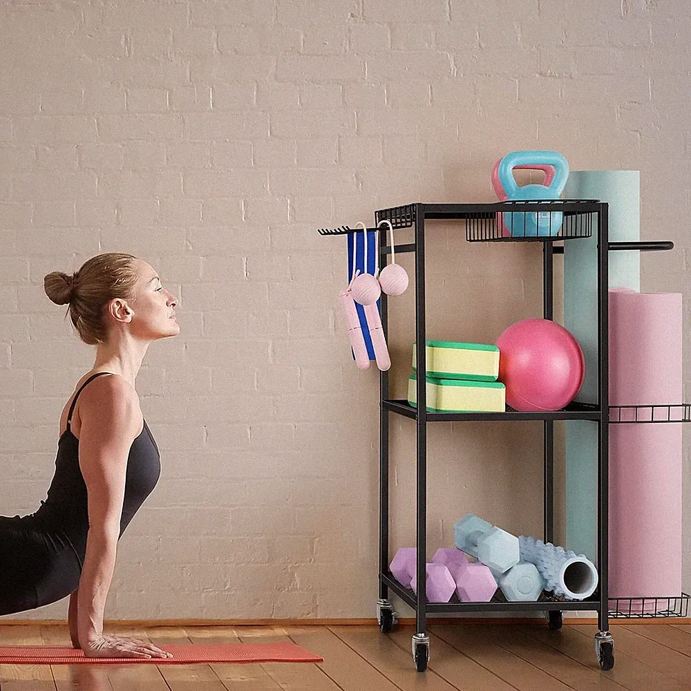 Home Gym Equipment Storage Rack for Dumbbells Yoga Mat Weight Rack Cart w/ Hooks