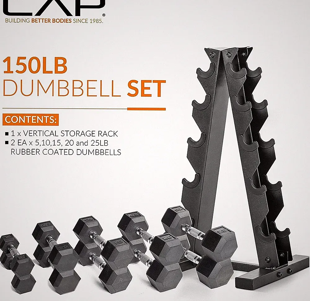 Home Gym Essentials - 150lbs Dumbbell Set with Rack, Rubber Hex, Space-Saving