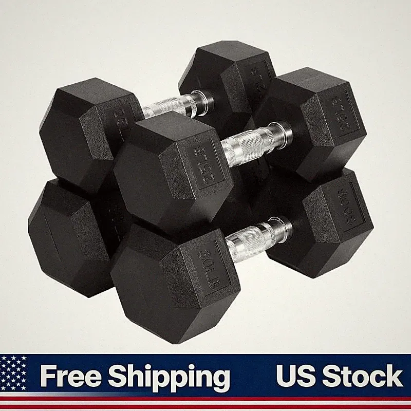 Home Gym Hex Dumbbell Set 110 Lb Rubber Encased Pair 25 30 lb Hand Weights