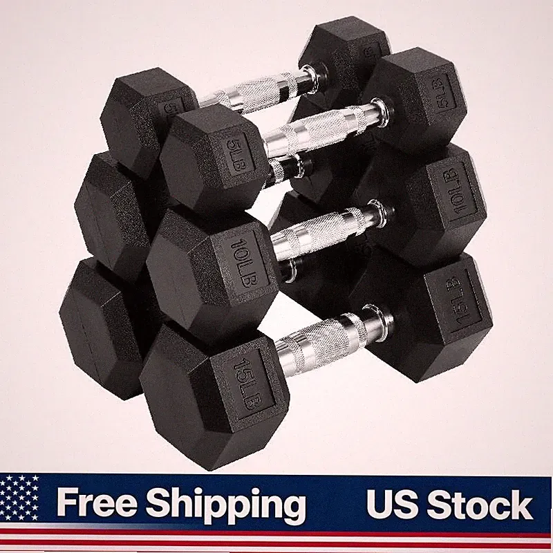 Home Gym Hex Dumbbell Set 60 lb Rubber Encased Pair 5 10 15 lb Hand Weights
