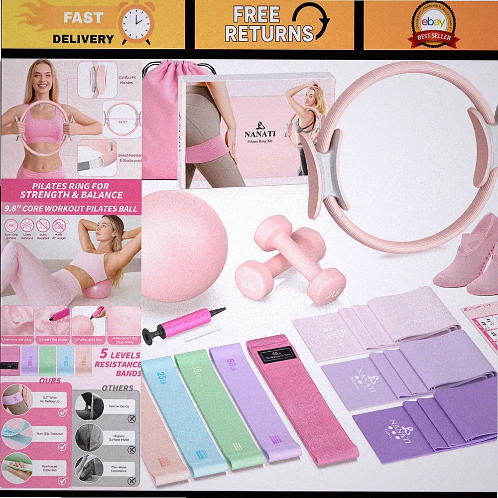 Home Pilates Workout Kit - 14.5" Ring, Ball, Resistance Bands, Dumbbells & Grip