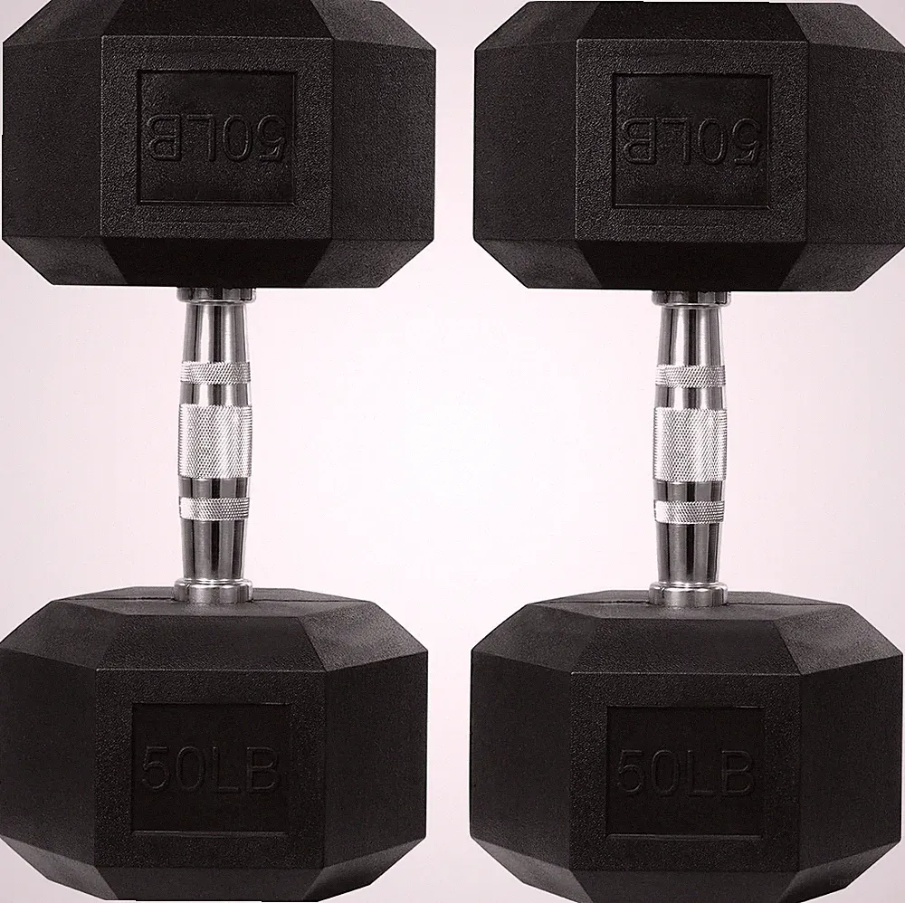 Hulkfit 50 lb Rubber Coated Hex Dumbbells - Non-Slip Ergonomic Design Set of 2