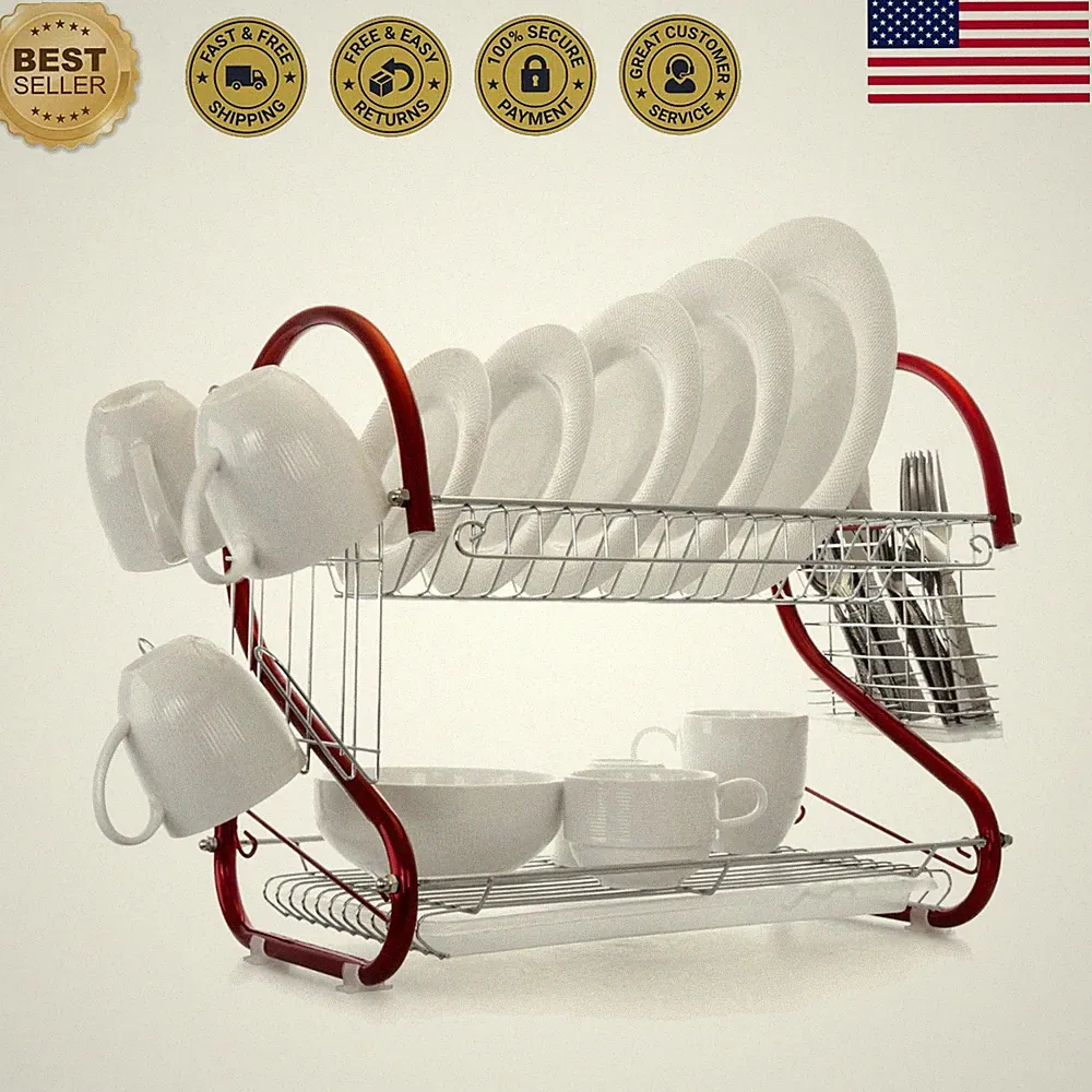 Iron Wire Contemporary Dish Drying Rack with Included Hangers, Utensil Compar...