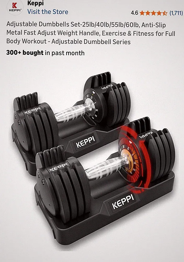 Keppi Adjustable Dumbbells 25 lb Pair Black Anti-Slip Metal Handle