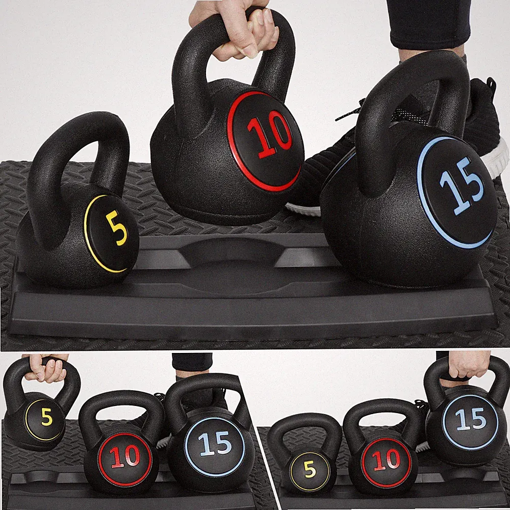 Kettlebell Set with Storage Rack Exercise Fitness Weights Indoor Gym 3-Piece