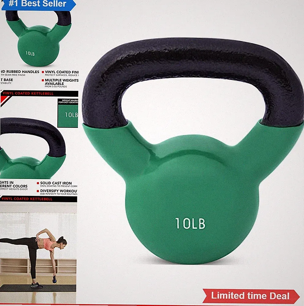 Kettlebell Weights Cast Iron Vinyl Coated Flat Bottom 1.2 Inch Handle CrossFit