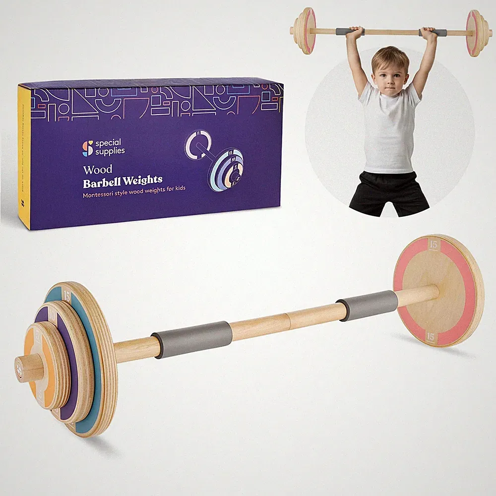 Kids Wooden Play Workout Weights - Adjustable Barbell Weight for Home Gym Equ...