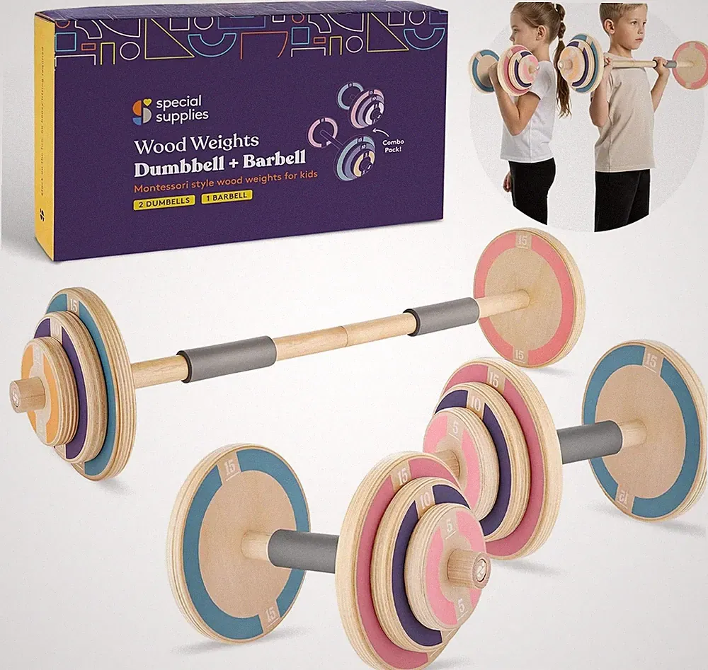 Kids Wooden Workout Play Weights Set Adjustable Dumbbells & Barbell Set Home Gym