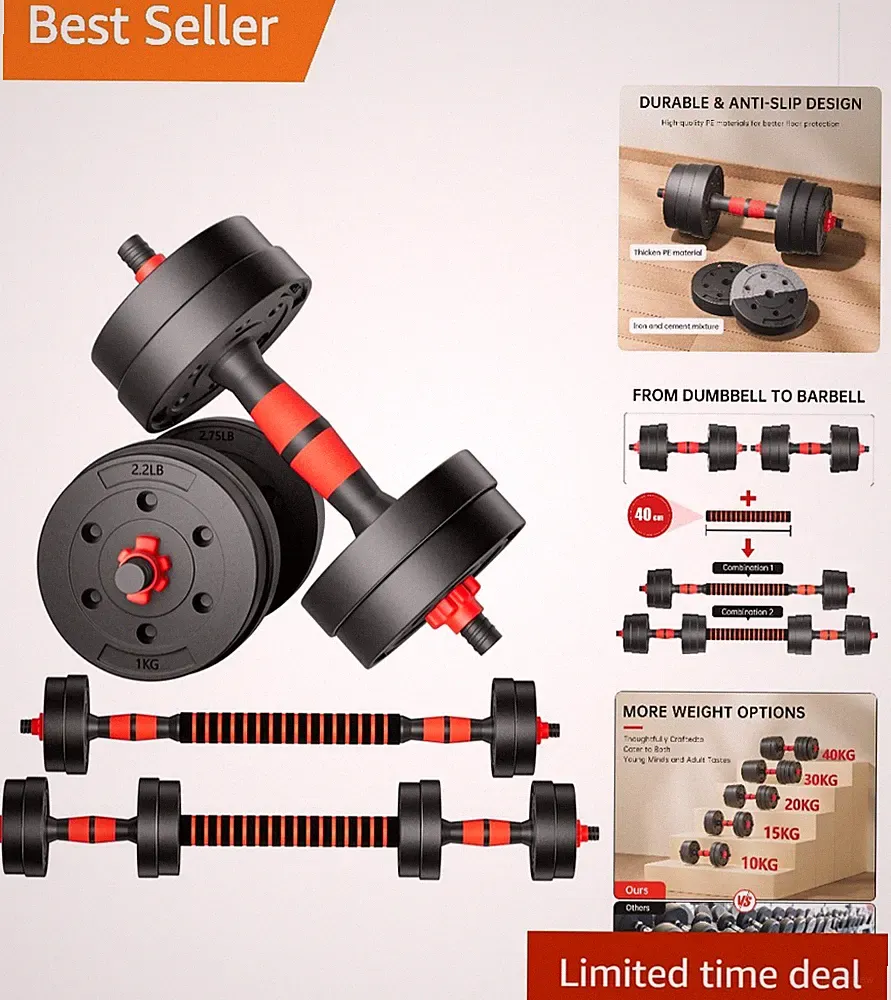 Lightweight Red Dumbbells Set of 2, Convert to Barbell - Fitness Essentials