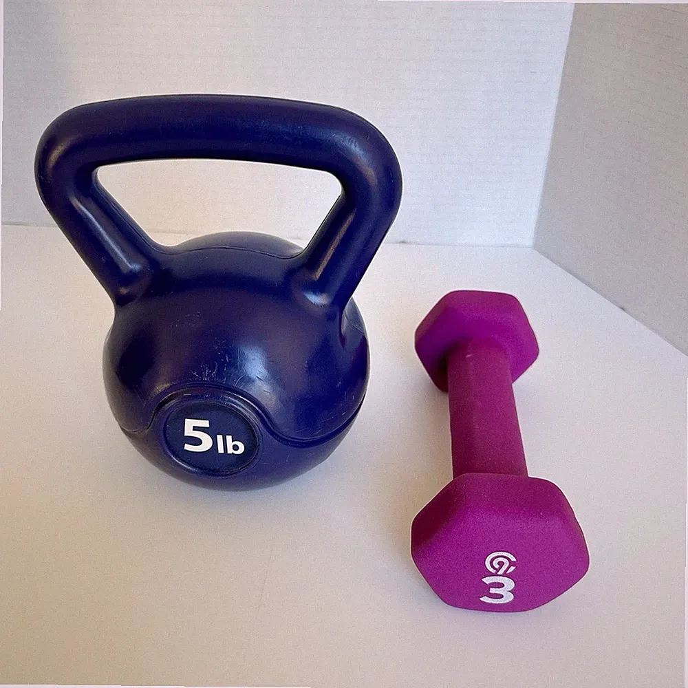 Lot 2 Vinyl Kettlebell 5 LB & Neoprene Dumbbell 3 LB Fitness Workout Purple