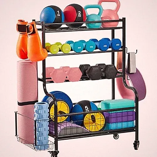 LUGO DUMBBELL STORAGE RACK STAND WHEELS HOOKS SPORTS EQUIPMENT ORGANIZER - BLACK