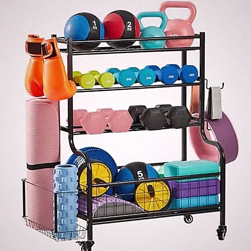 LUGO DUMBBELL STORAGE RACK STAND WHEELS HOOKS SPORTS EQUIPMENT ORGANIZER - BLACK