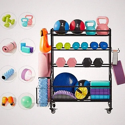 LUGO DUMBBELL STORAGE RACK STAND WHEELS HOOKS SPORTS EQUIPMENT ORGANIZER - BLACK