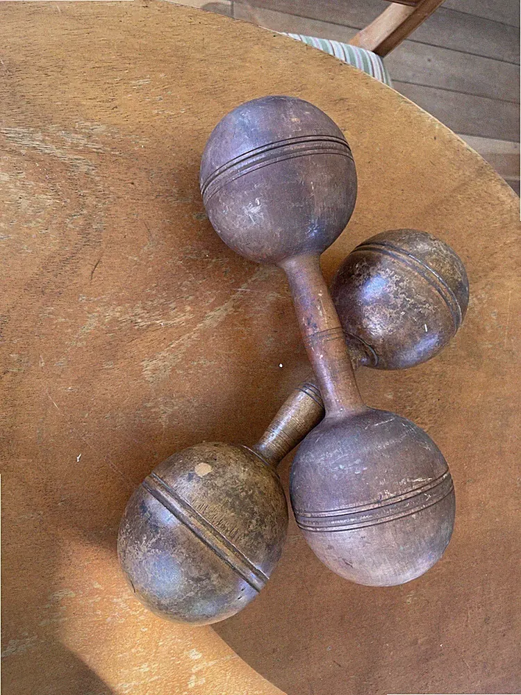 Matched Vintage Pair of Wooden Exercise Wood Dumb Bell Hand Weights