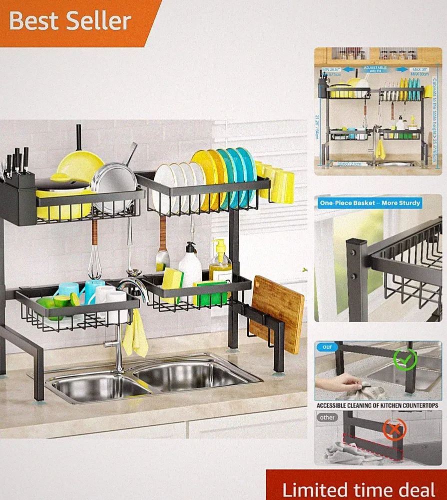 Maximize Kitchen Space with Our Large Adjustable Dish Drying Rack, Black