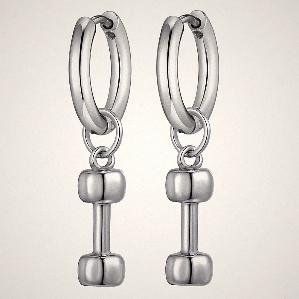Men Dumbbell Hoop Earrings Stainless Steel Kpop Trendy Barbell Hanging Earrings