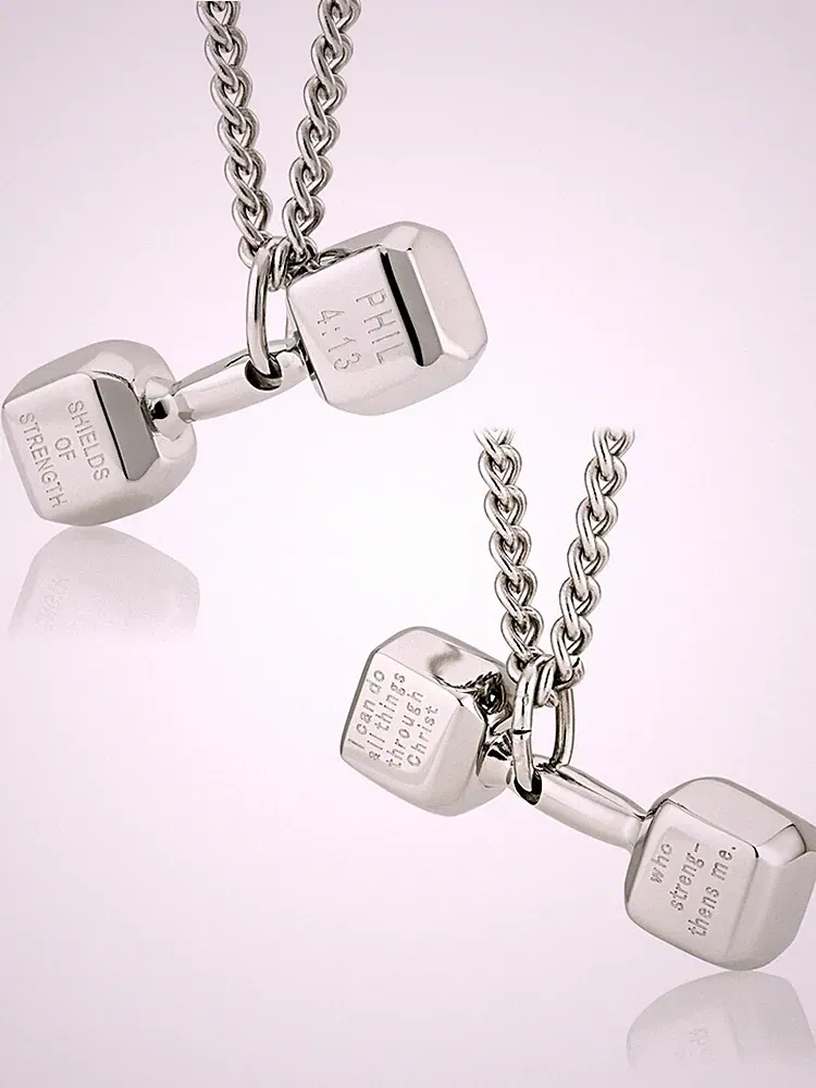 Men's Stainless Steel Dumbbell Necklace- Phil 4:13