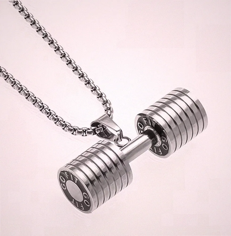 Men's Stainless Steel Dumbbell Pendant Necklace Box Chain 23.62 in