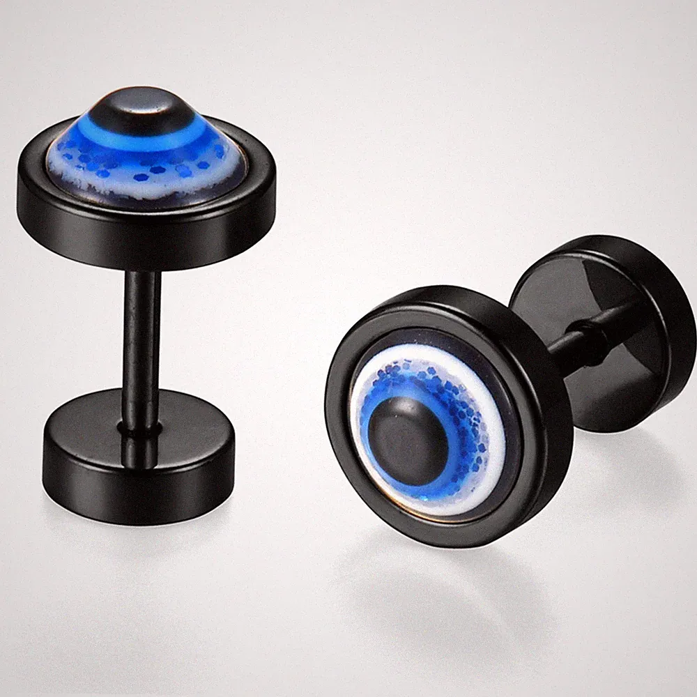 Men Women 8MM Stainless Steel Evil Eye Dumbbell Fake Plug Stud Piercing Earrings