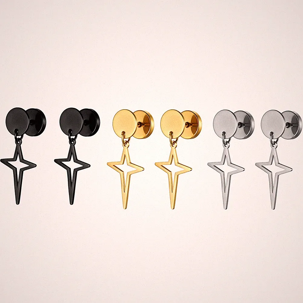 Men Women Punk Cross Star Stainless Steel Dangle Barbell Fake Plug Stud Earrings