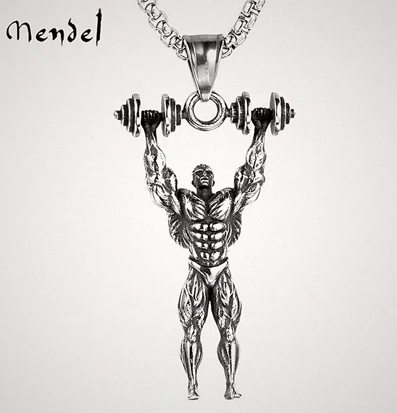 MENDEL Mens Gym Barbell Dumbbell Bodybuilding Necklace Pendant Stainless Steel