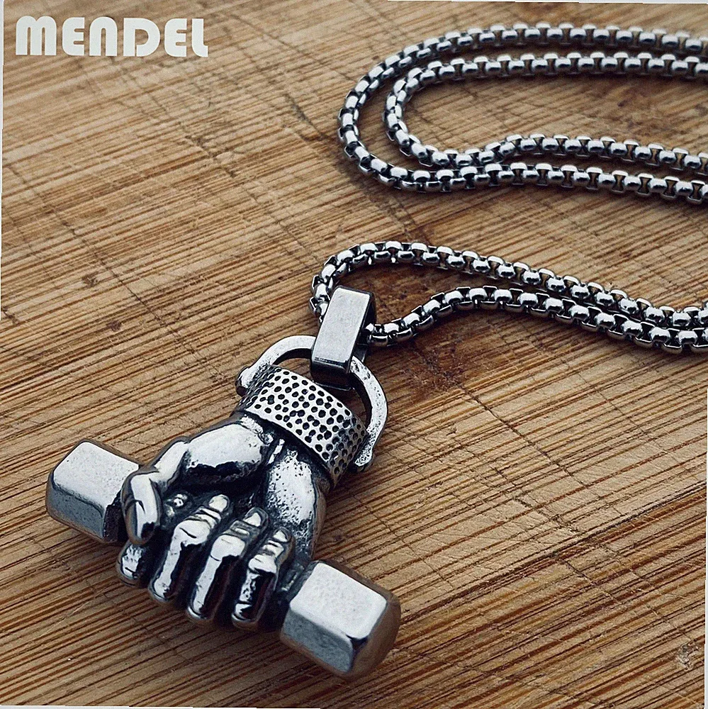 MENDEL Mens Stainless Steel Barbell Bodybuilding Dumbbell Gym Pendant Necklace