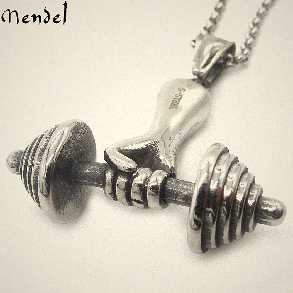 MENDEL Mens Stainless Steel Barbell Dumbbell Necklace Gym Weight Lifting Pendant