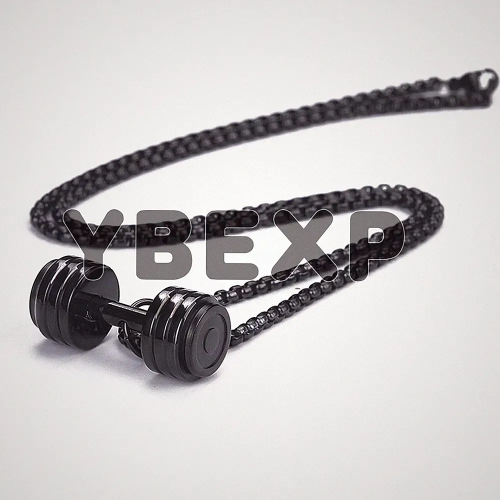 MENDEL Mens Stainless Steel Barbell Gym Weight Lifting Dumbbell Necklace Black
