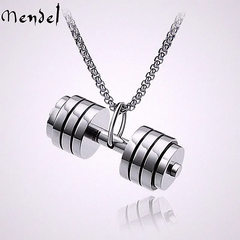 MENDEL Mens Stainless Steel Barbell Gym Weight Lifting Dumbbell Necklace Pendant