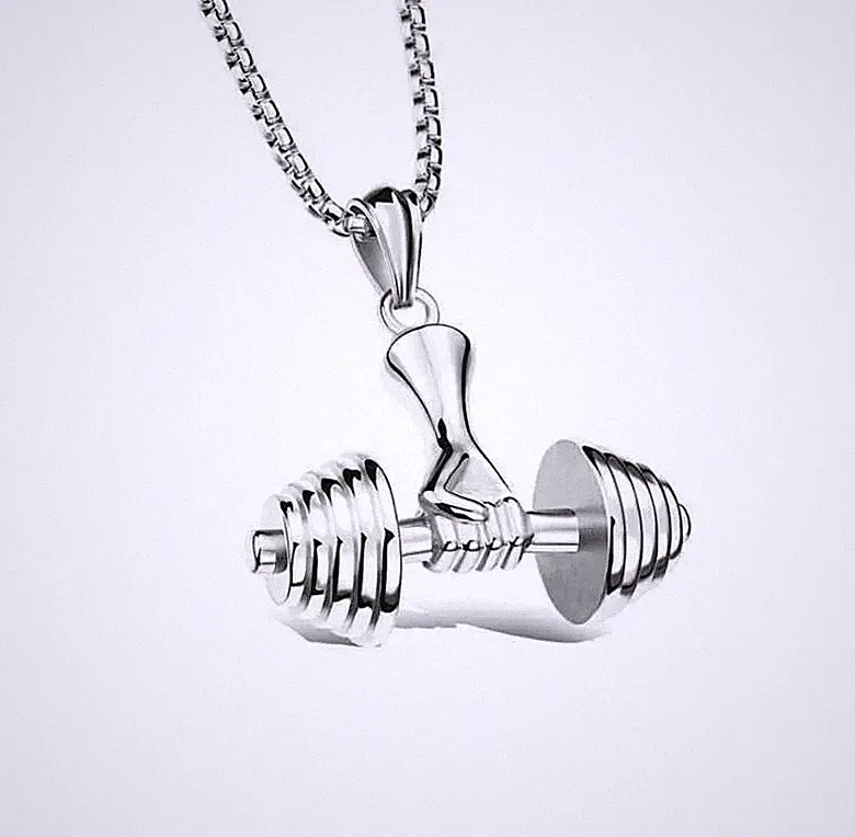 Mens Barbell Dumbbell Necklace Gym 24" chain Weightlifting