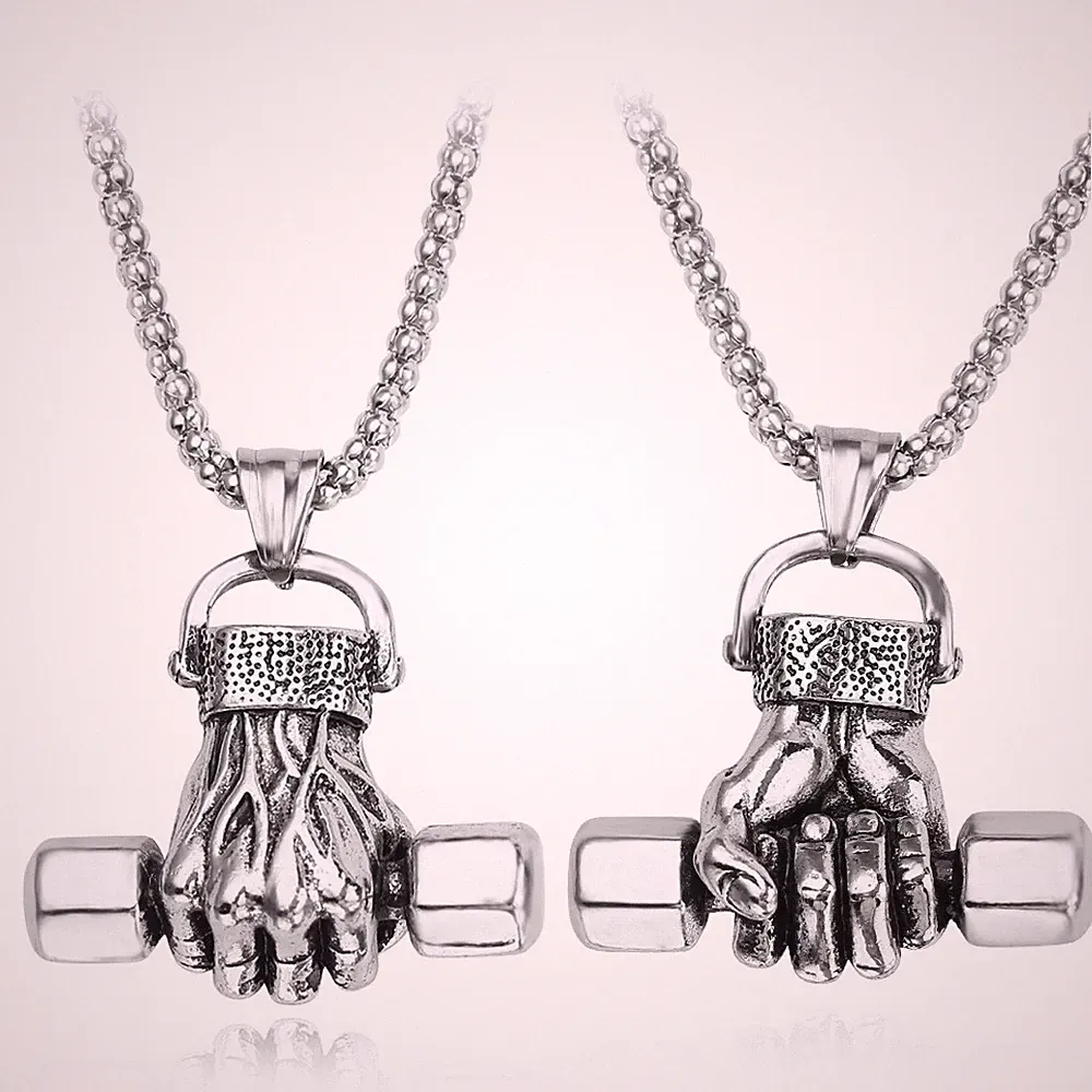 Mens Barbell Gym Weight Lifting Dumbbell Pendant Necklace Stainless Steel Chain