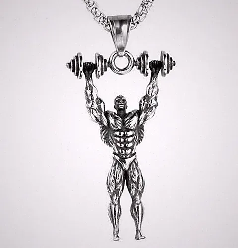 Mens Gym Barbell Dumbbell Bodybuilding Necklace Pendant Stainless Steel