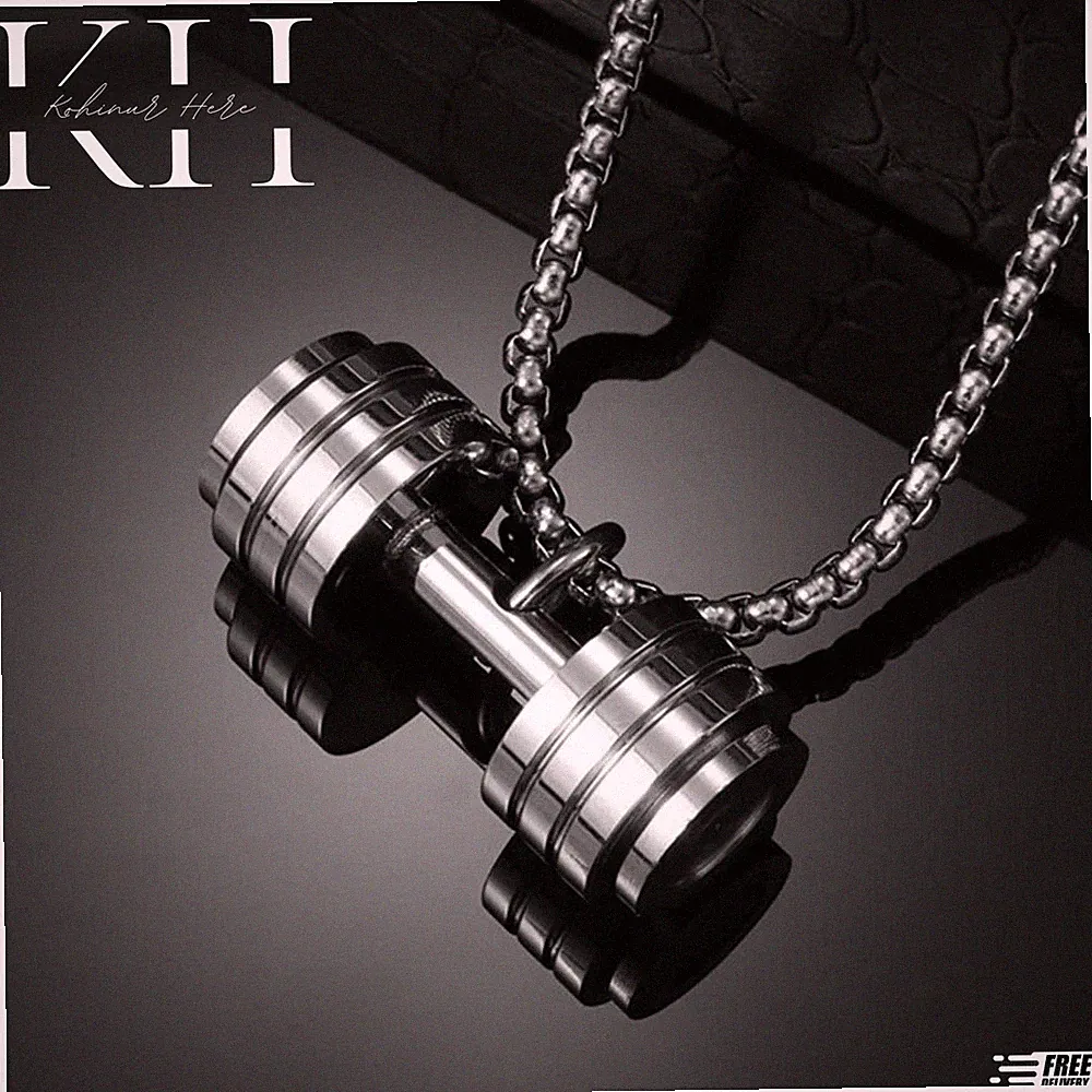 Mens Stainless Steel Barbell Gym Weight Lifting Dumbbell Necklace Pendant
