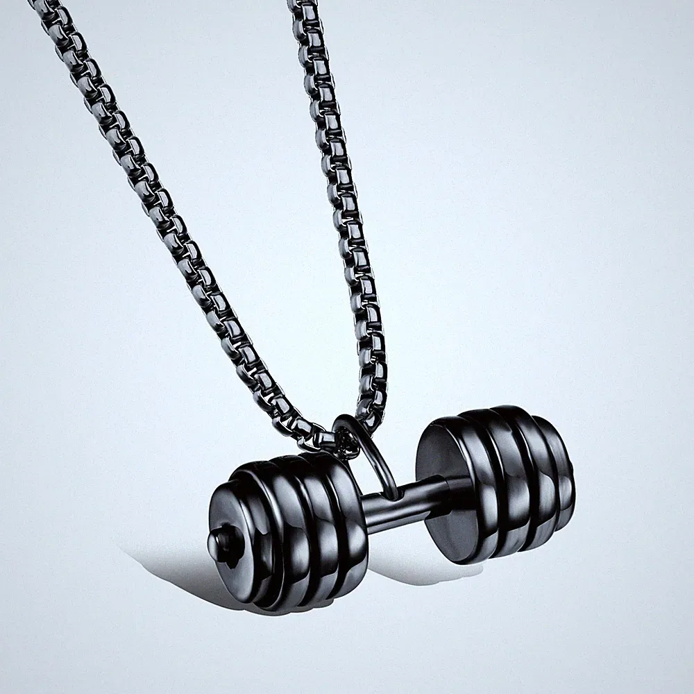 Mens Stainless Steel Barbell Gym Weight Lifting Dumbbell Necklace Pendant