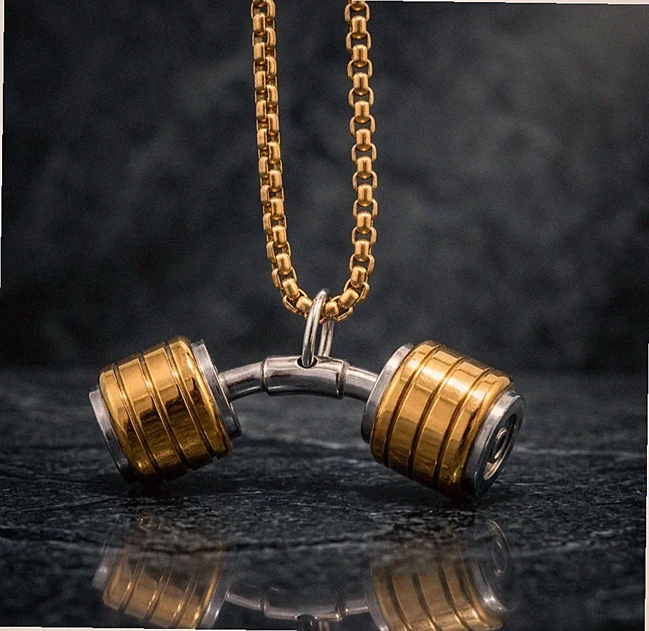 Mens Weightlifter Dumbbell Necklace Gold Plated Fitness Bodybuilding Pendant