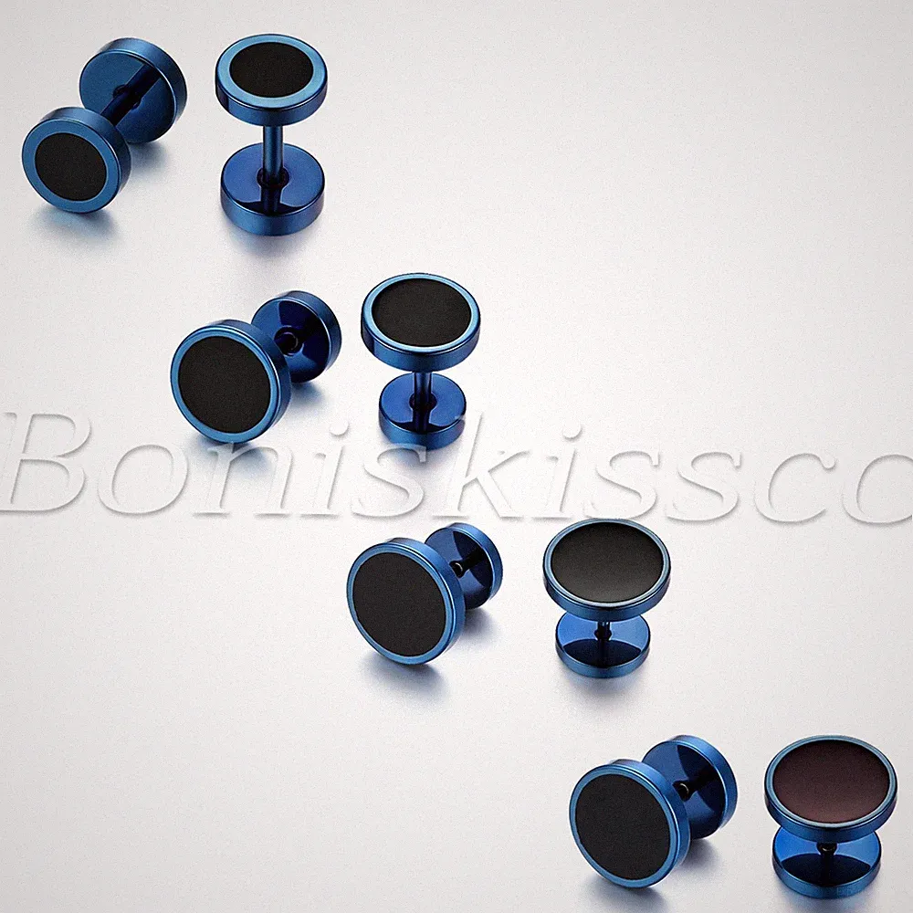 Mens Women Charm Stainless Steel Blue Round Dumbbell Barbell Earrings Ear Studs