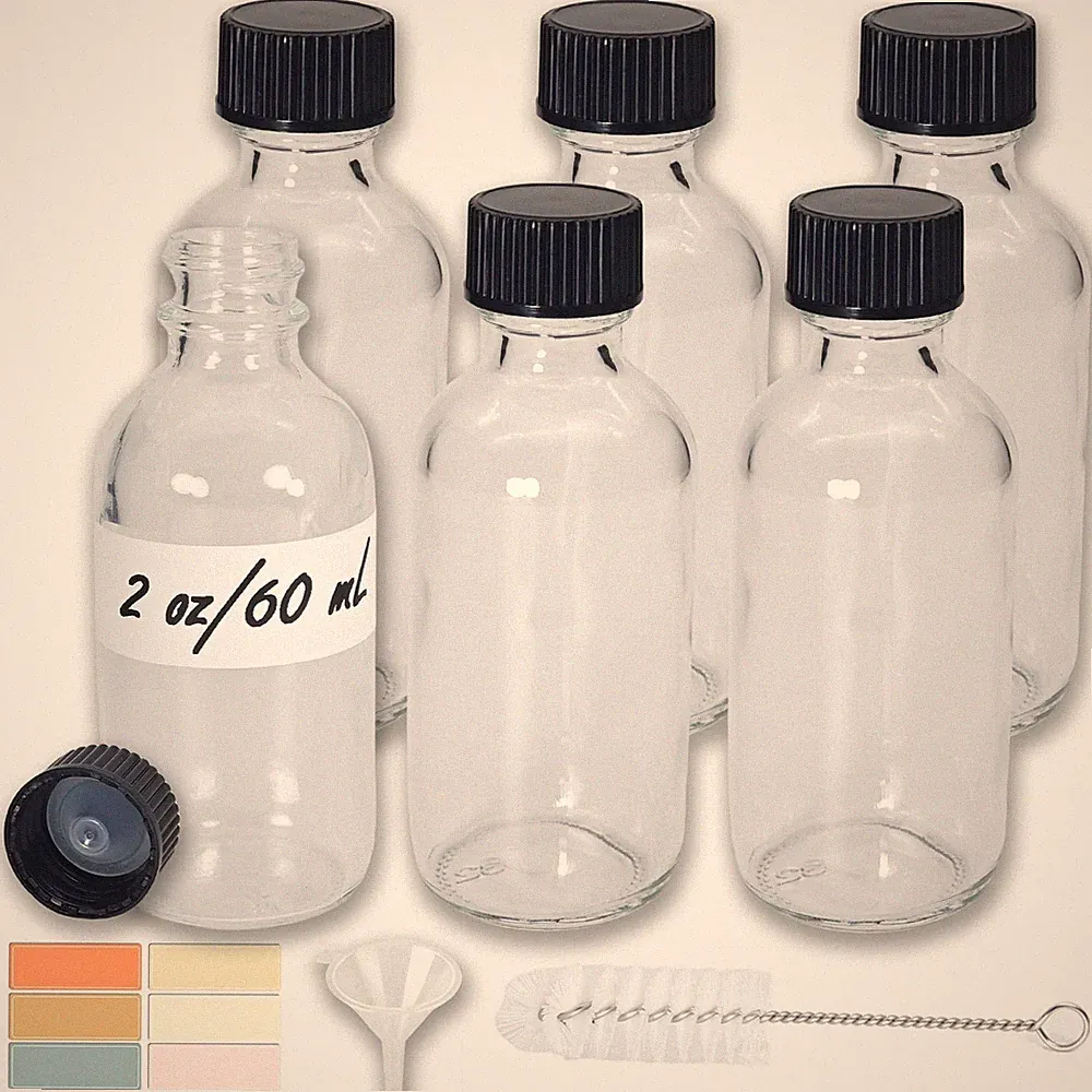 Mini Glass Bottles 2oz with Caps (6 Pack) - Leak Proof Small Shot Bottles for...