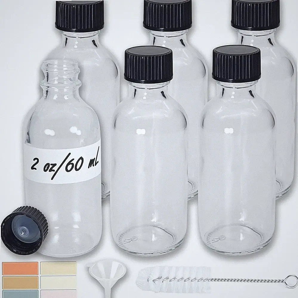 Mini Glass Bottles 2Oz with Caps (6 Pack) - Leak Proof Small Shot Bottles for Es