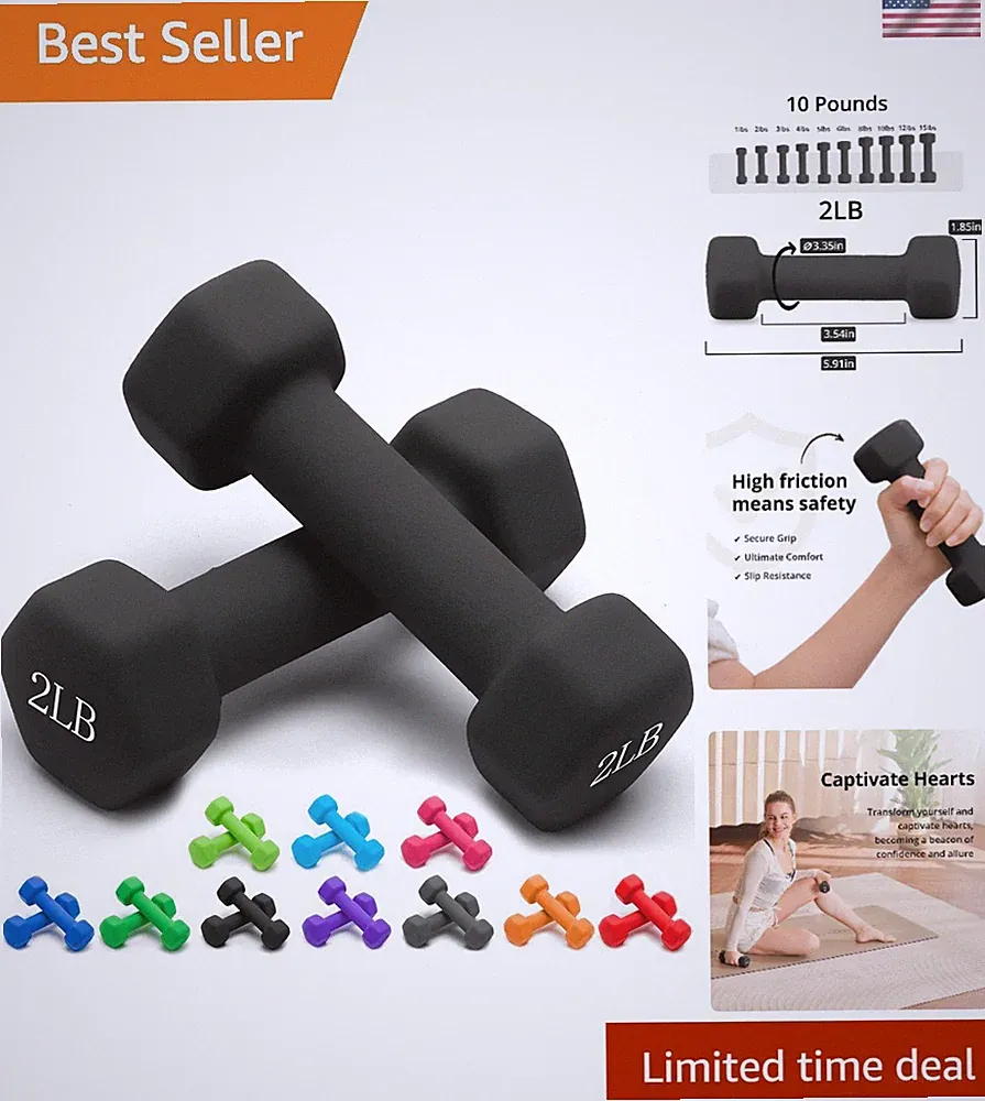 Multi-Color Neoprene Dumbbells Set, 1-15 LB - Perfect for Home & Travel Workouts