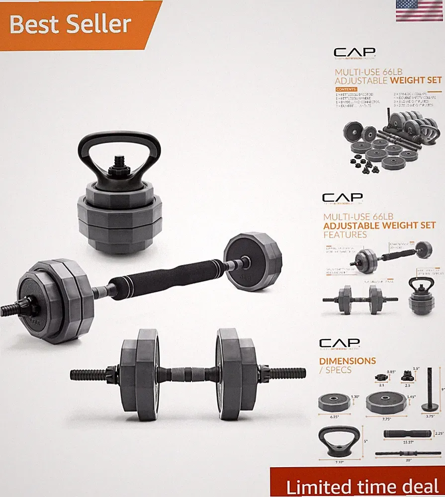Multi-Use Adjustable 66lb Strength Training Set - Dumbbell & Kettlebell Included