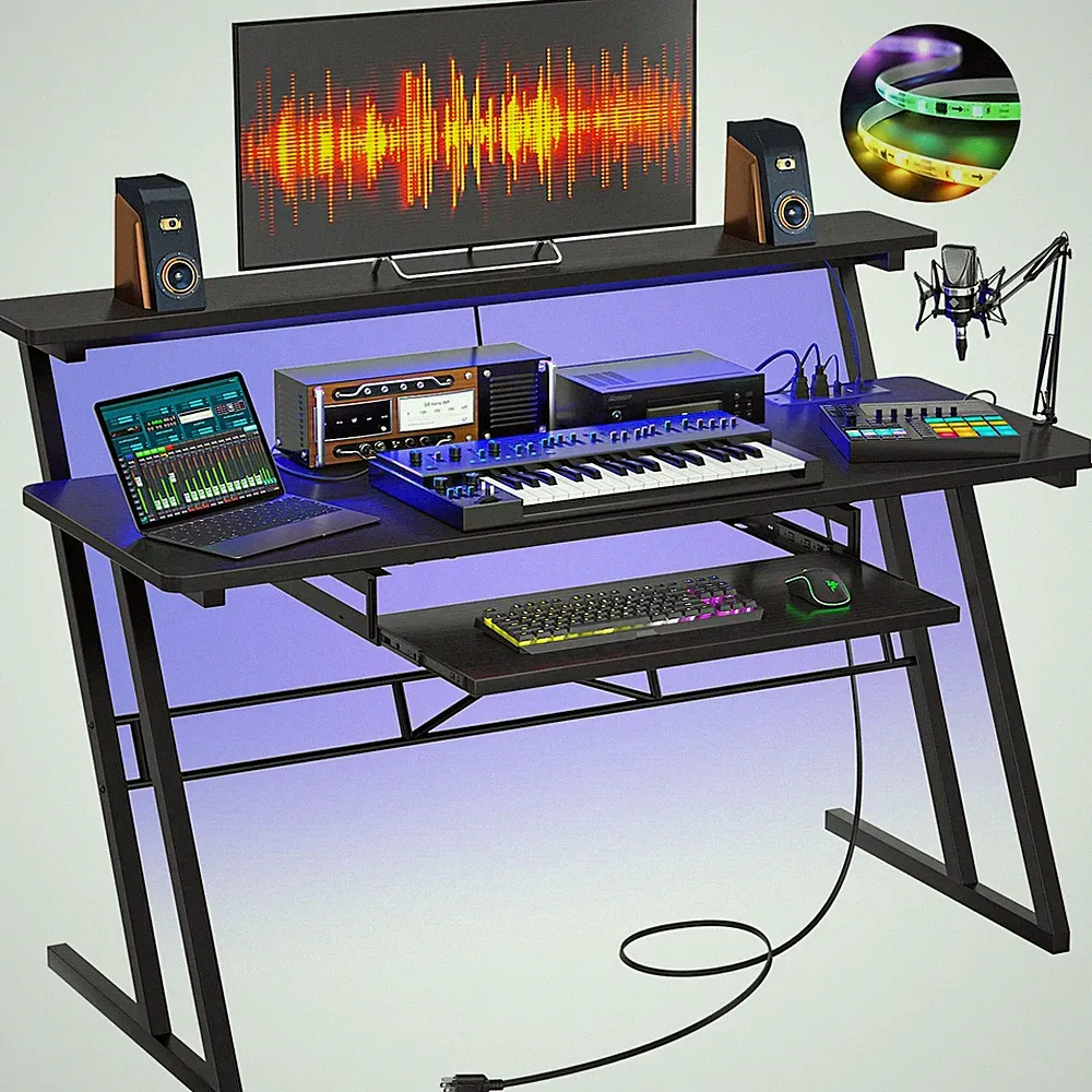 Music Studio Desk Production Workstation RGB LED Lights Power Outlets Black