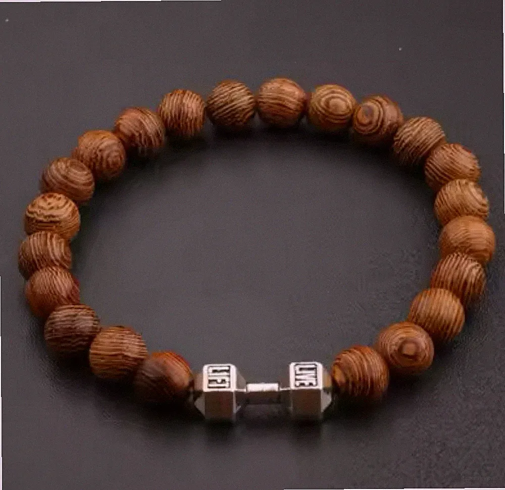 Natural Wooden Bead Barbell Dumbell Stretch Bracelet, Fitness, Boho, New