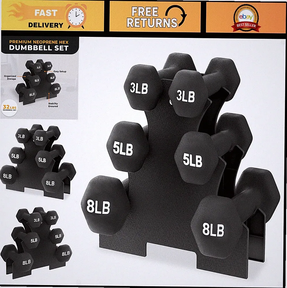 Neoprene Coated Hex Dumbbell Weights Set with Stand - Color-Coded & Non-Slip Gri